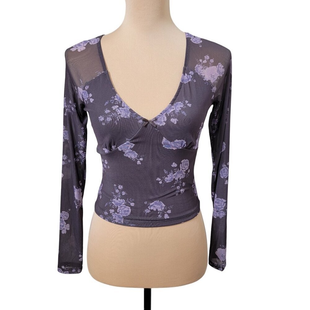 Pink Rose Size S Gray Floral Mesh Top, Long Sleeve, Lined Bodice, NEW with Tag
